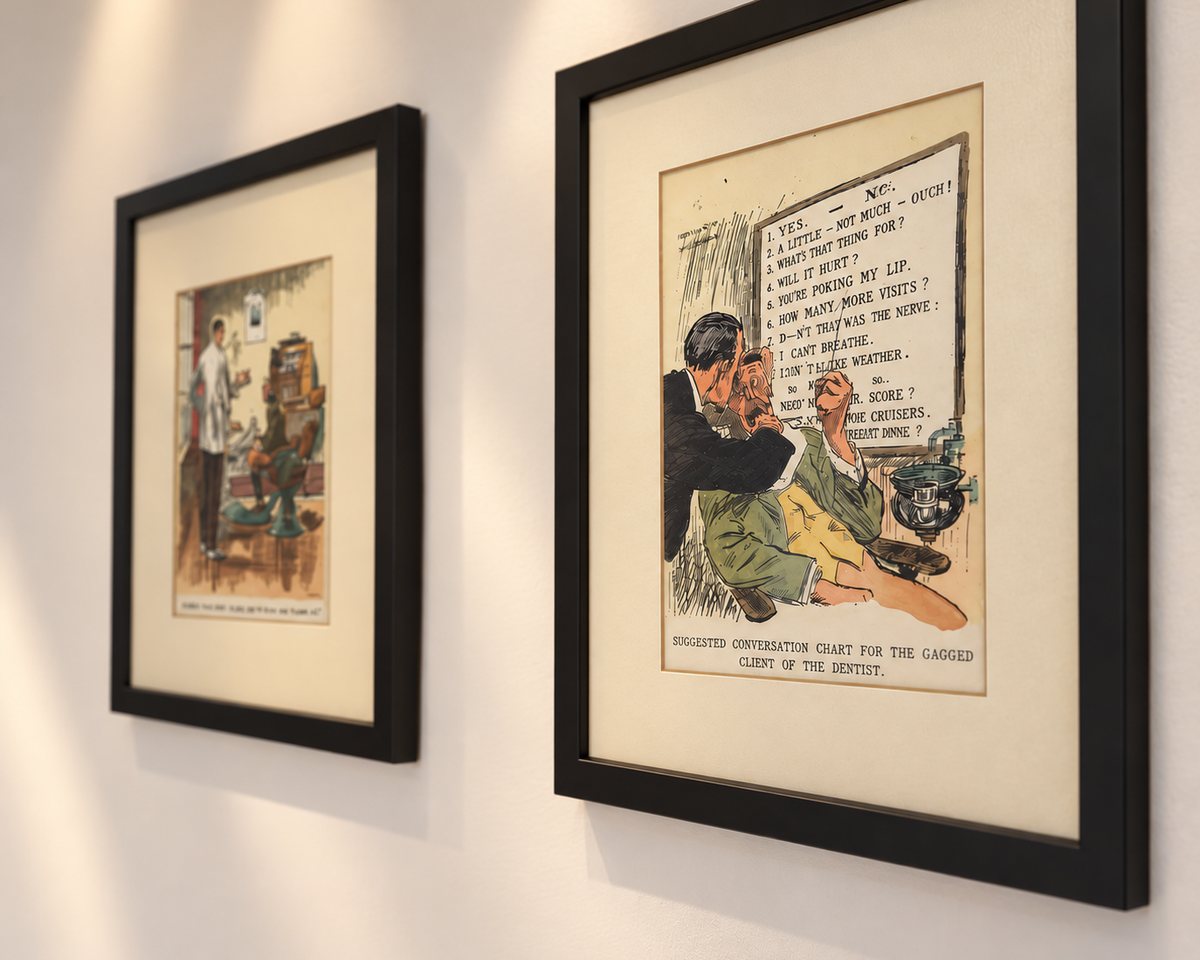 Framed vintage dental prints in the hallway
