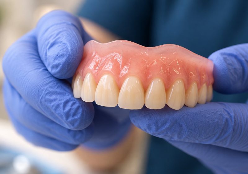 A denture being examined